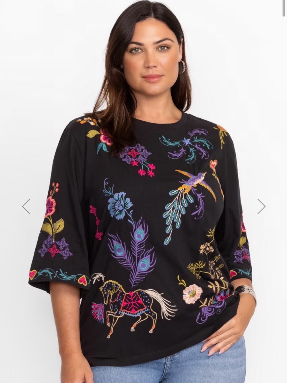 Johnny Was Boxy Knit Tee Ariela Embroidered Black Size 2X